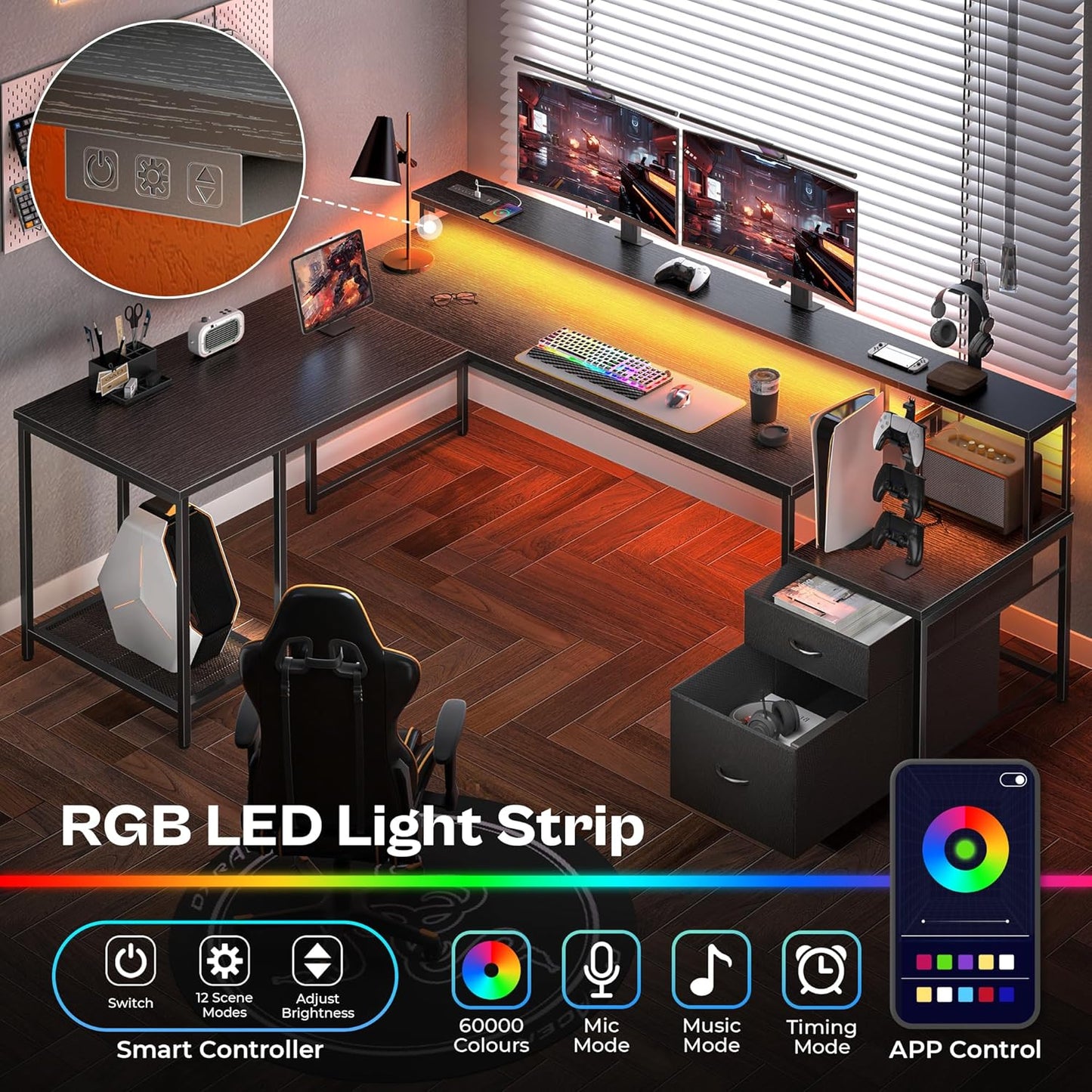 66" L Shaped Gaming Desk with LED Lights & Power Outlets, Computer Desk with Fabric Drawers and Print Stand, Corner Office Desk, Monitor Stand, Mesh CPU Stand, Black