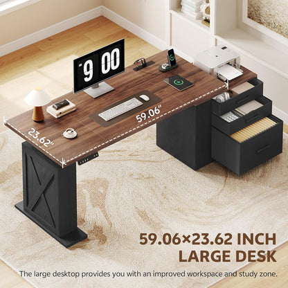 75.5 Inches Electric Standing Desk with Drawers Farmhouse Sit Stand Desk with Storage Adjustable Height Computer Desk with Power Outlets Printer Space for Home Office Black and Walnut