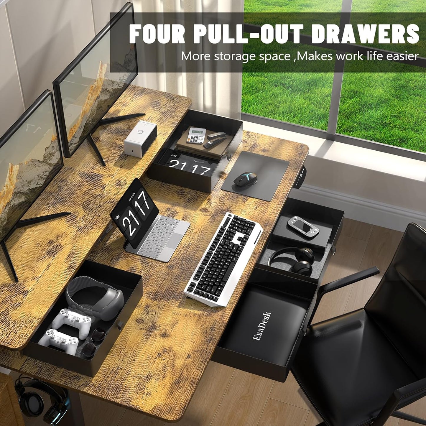 Electric Standing Desk, 63 * 30 Inches Adjustable Height with 4 Drawers, Double Storage Shelves Stand up Desk, Home Office Workstation Sit Stand up Desk (Rustic Brown)