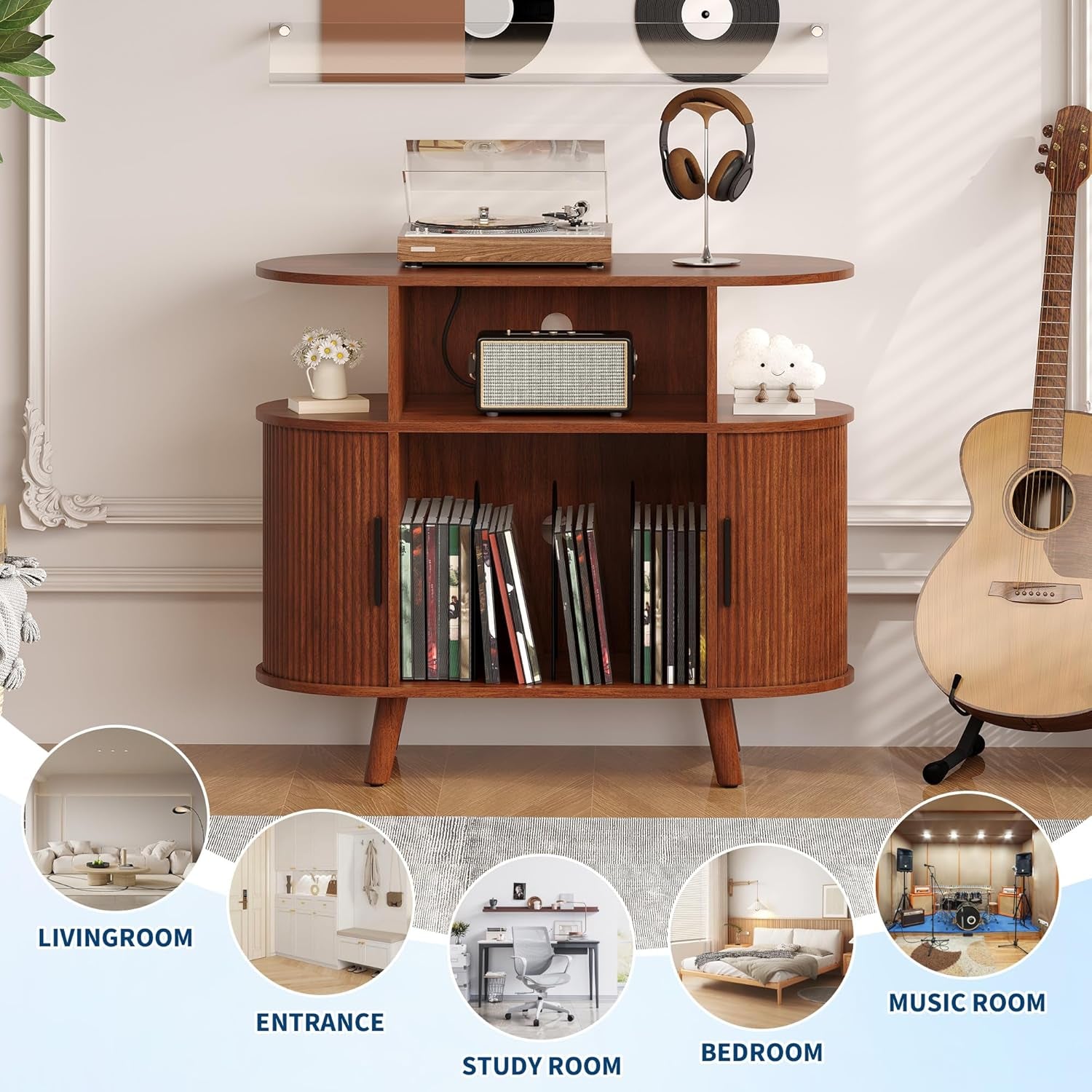 35'' Fluted Mid Century Modern Turntable Cabinet, Large round Record Player Stand with Charging Station and Display Shelf, Arched Wood Record Player Table for Living Room