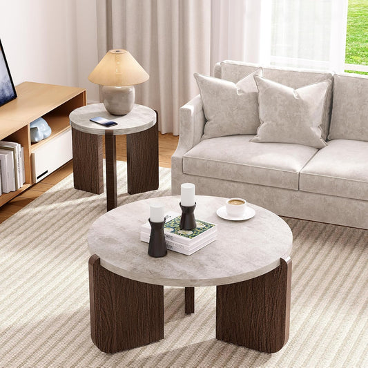 Modern round Coffee Table with Sturdy Base, Wood Center Tables for Living Room Reception Room, Faux Marble Tabletop, Easy Assemble