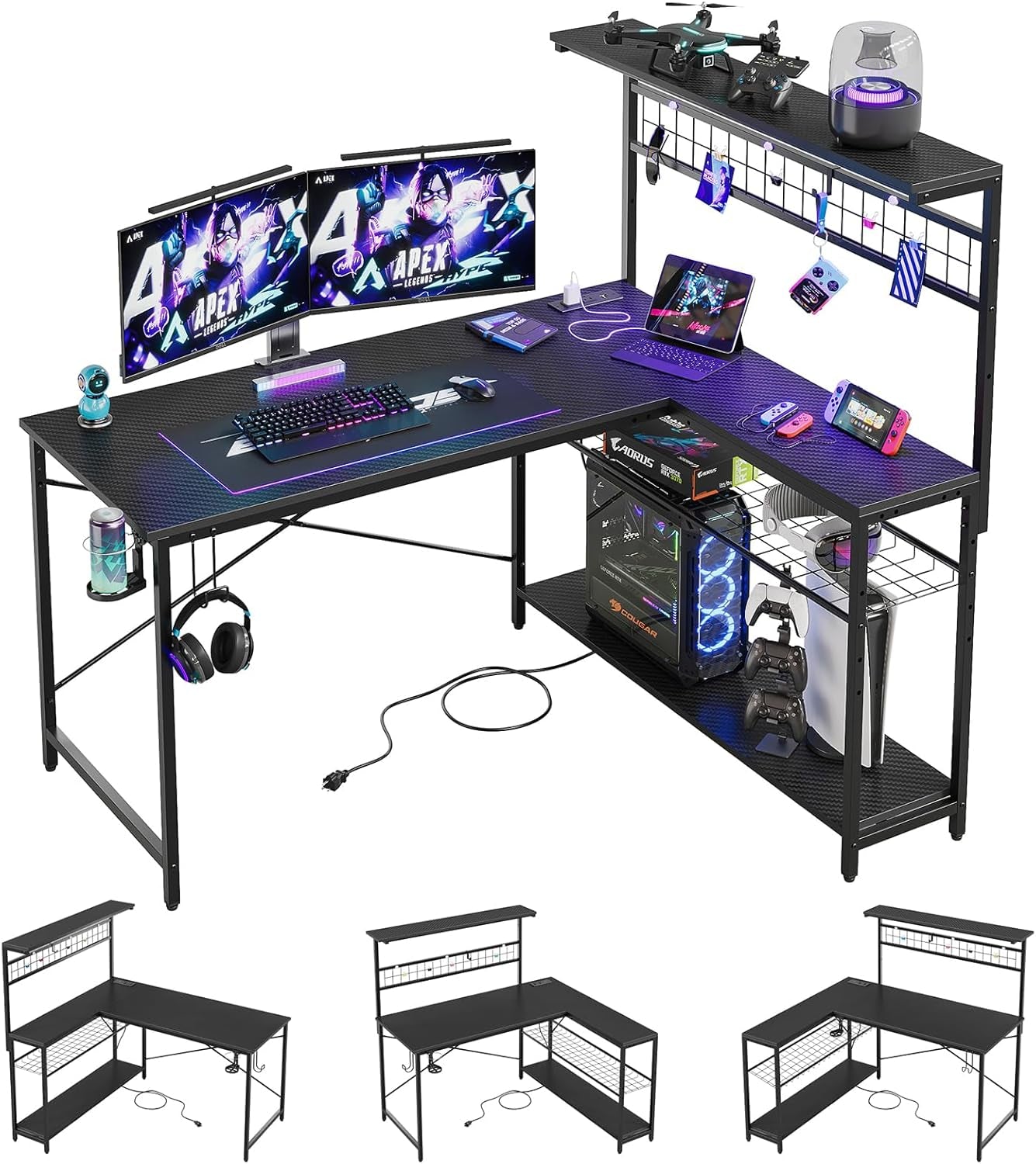 Gaming Desk 51" L-Shaped, with Power Outlets & LED Lights- 4 Tier Shelves, Reversible Gamer Table with Hooks & Cup Holder for Home Office Carbon Fiber Black
