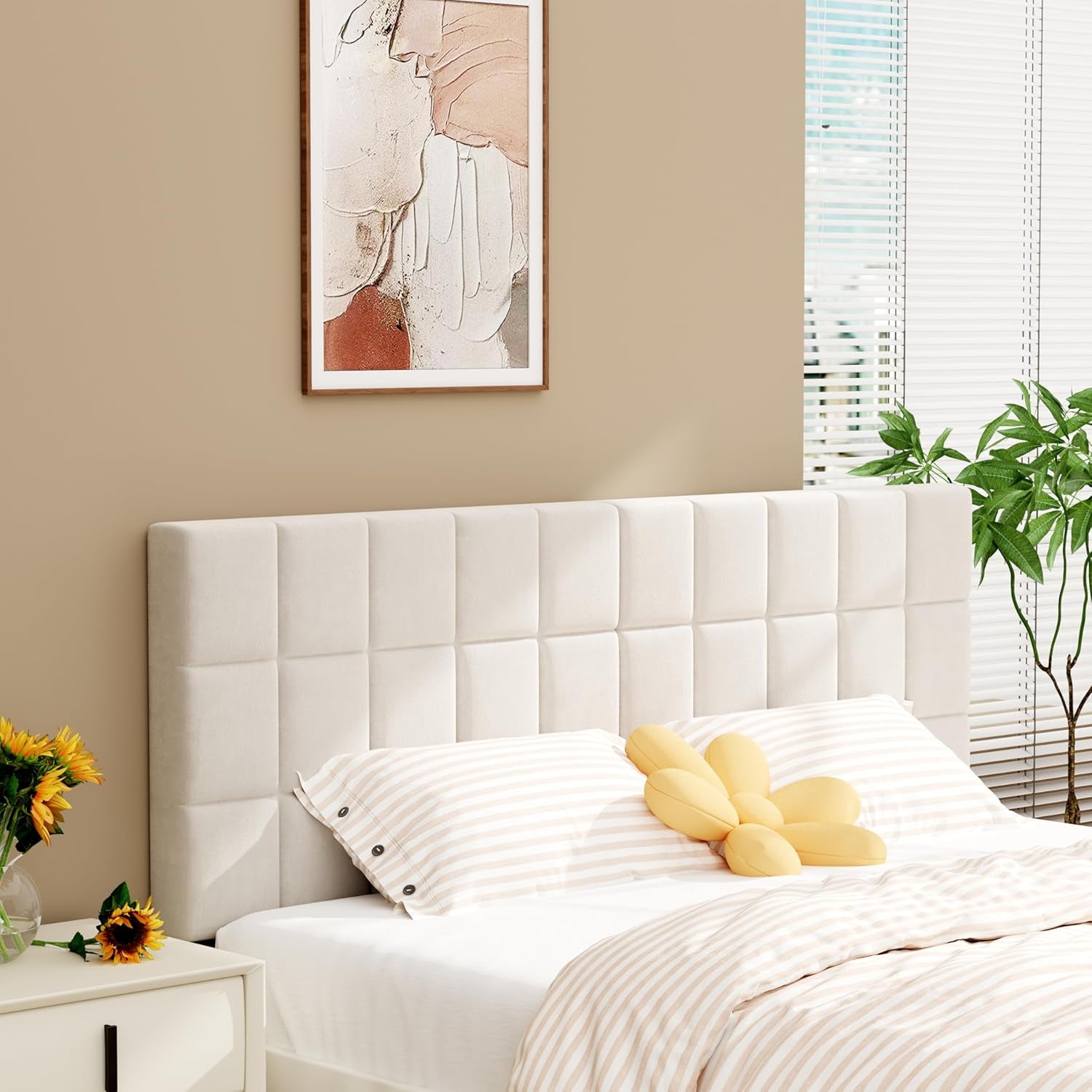 Velvet Upholstered Tufted King Size Headboard,Wood Head Board with Metal Legs, Adjustable Height from 42” to 56”, Bed Headboard in Modern Design,Backboard for Bed, Beige