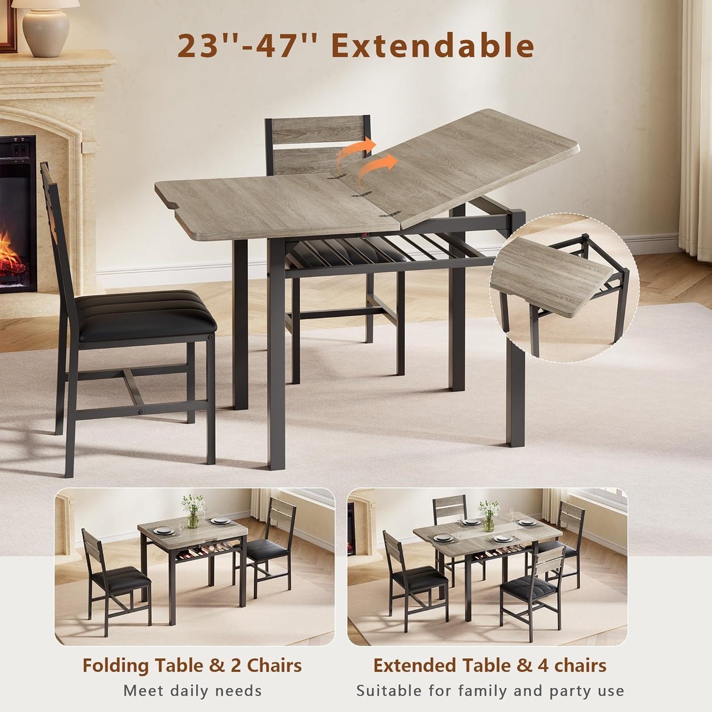 Dining Table Set for 4, Extendable Kitchen Table with 4 PU Leather Upholstered Dining Room Chairs, Wood Kitchen Table Set with Built-In Storage Rack for Dining & Small Spaces, Grey