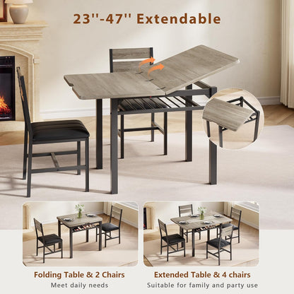 Dining Table Set for 4, Extendable Kitchen Table with 4 PU Leather Upholstered Dining Room Chairs, Wood Kitchen Table Set with Built-In Storage Rack for Dining & Small Spaces, Grey