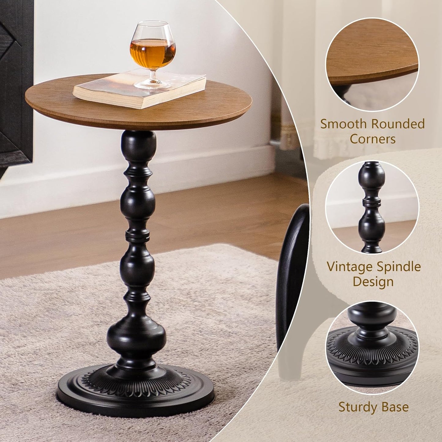 Round End Table, Framhose Small Side Table with Wood Top and Black Base, Pedestal Table for Living Room Corners Bedroom Patio and Bar（20" Hight）