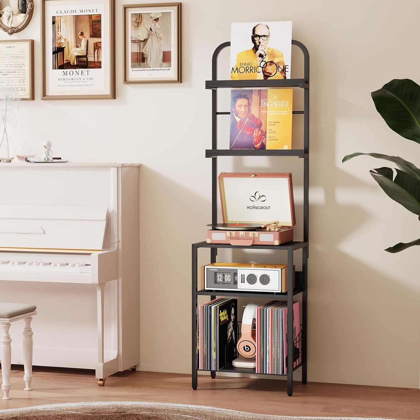 Record Player Stand with Vinyl Storage - 5-Tier Turntable Table with Adjustable Feet, Metal & Wood Cabinet - Console Organizer Display Shelf for Living Room, Apartment