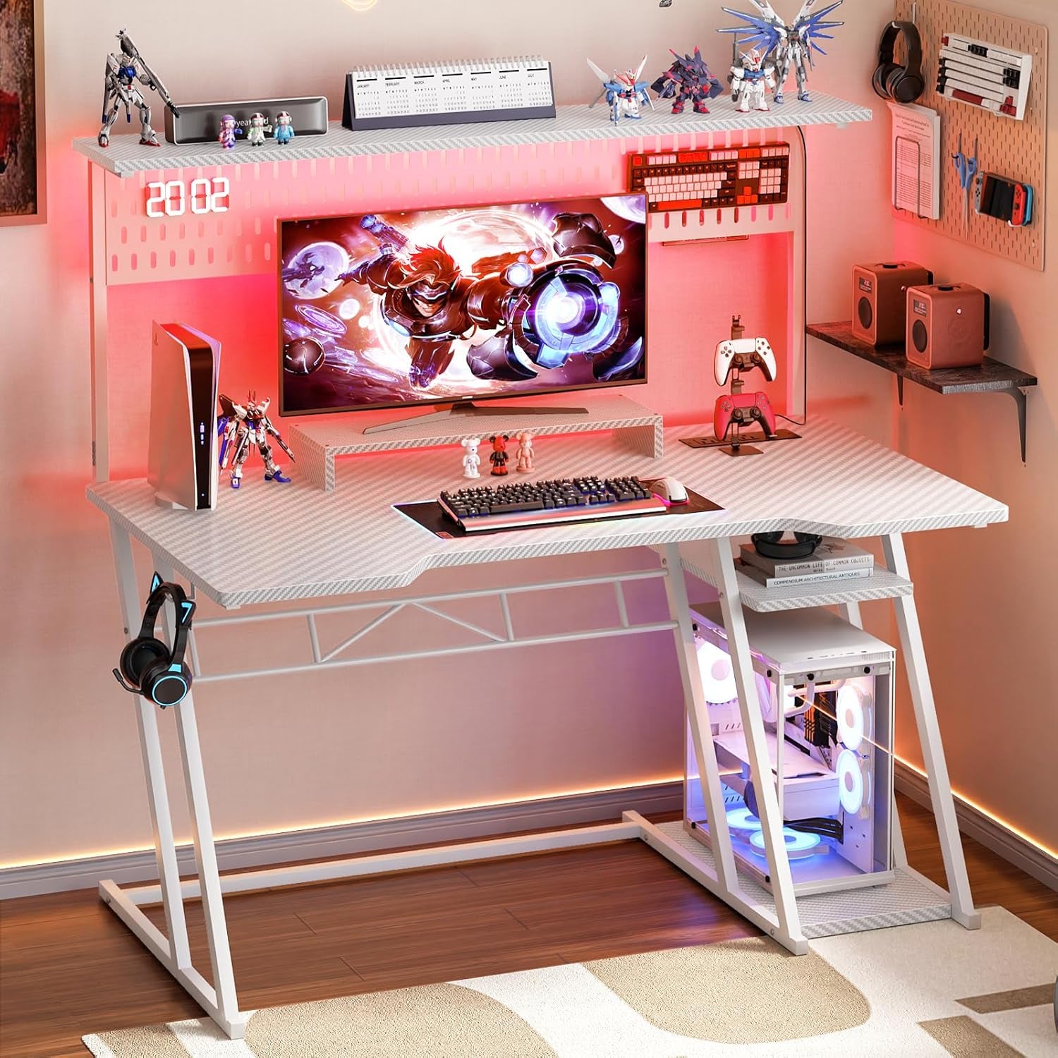 Gaming Computer Desk with Power Outlets, Gaming Desk with Hutch and LED Lights, Reversible PC Gaming Desk with Pegboard, Carbon Fiber Pink, 47"