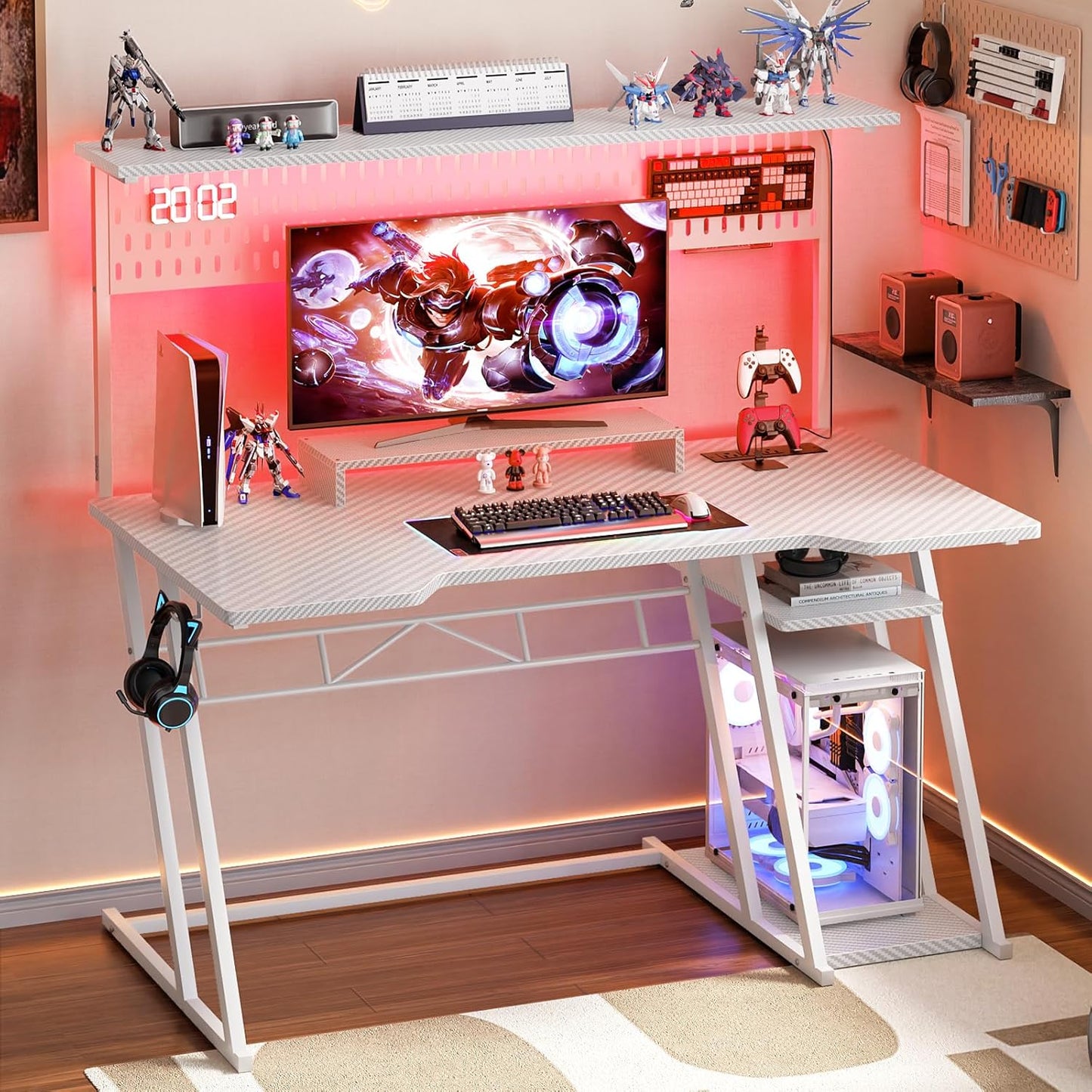 Pink Gaming Desk with Hutch and LED Lights, 53" Computer Desk with Storage Shelves, Reversible PC Gaming Desk with Pegboard, Gamer Desks for Bedroom, Carbon Fiber Surface