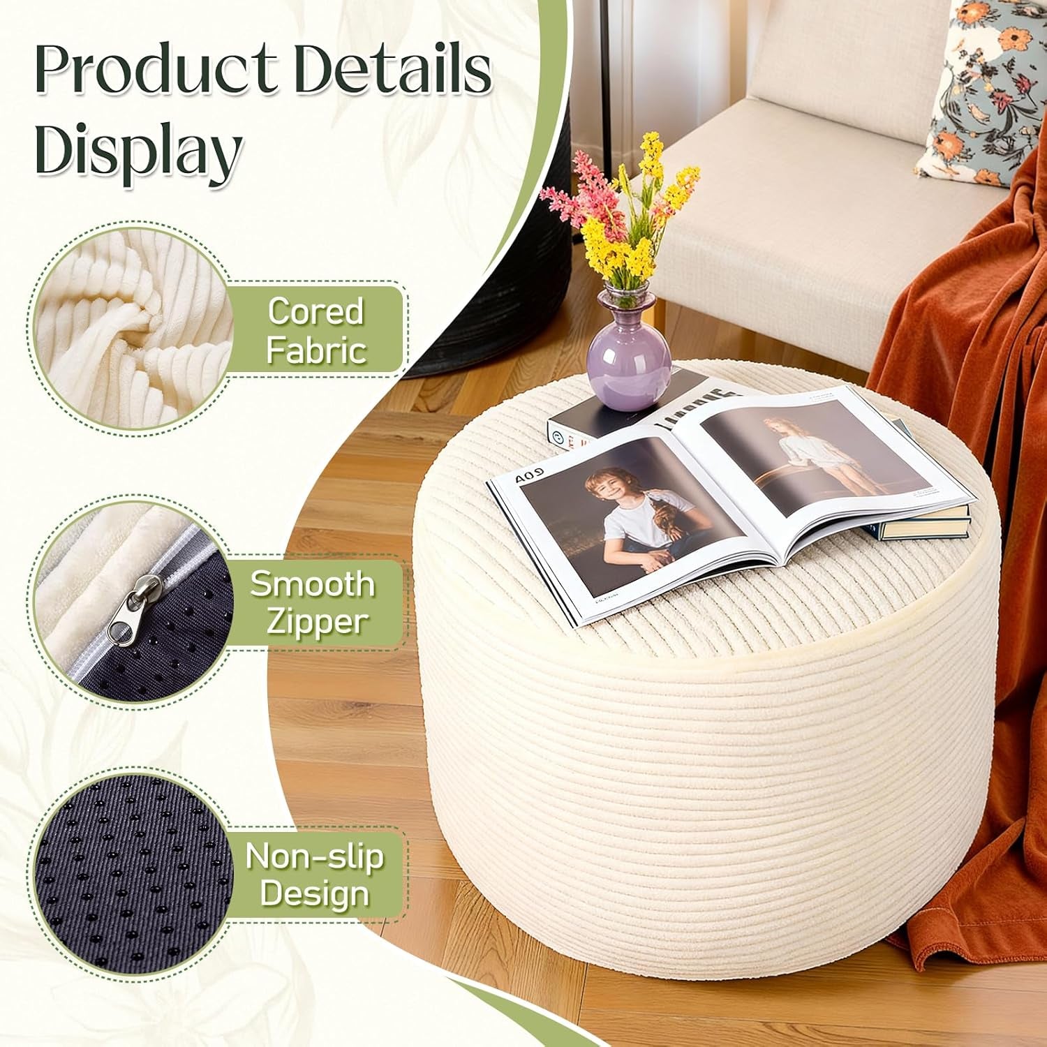 Round Corduroy Ottoman Foot Rest Pouf for Living Room Couch - Soft Plush Shredded Foam Filled Hassock Stool, Comfy Footstool