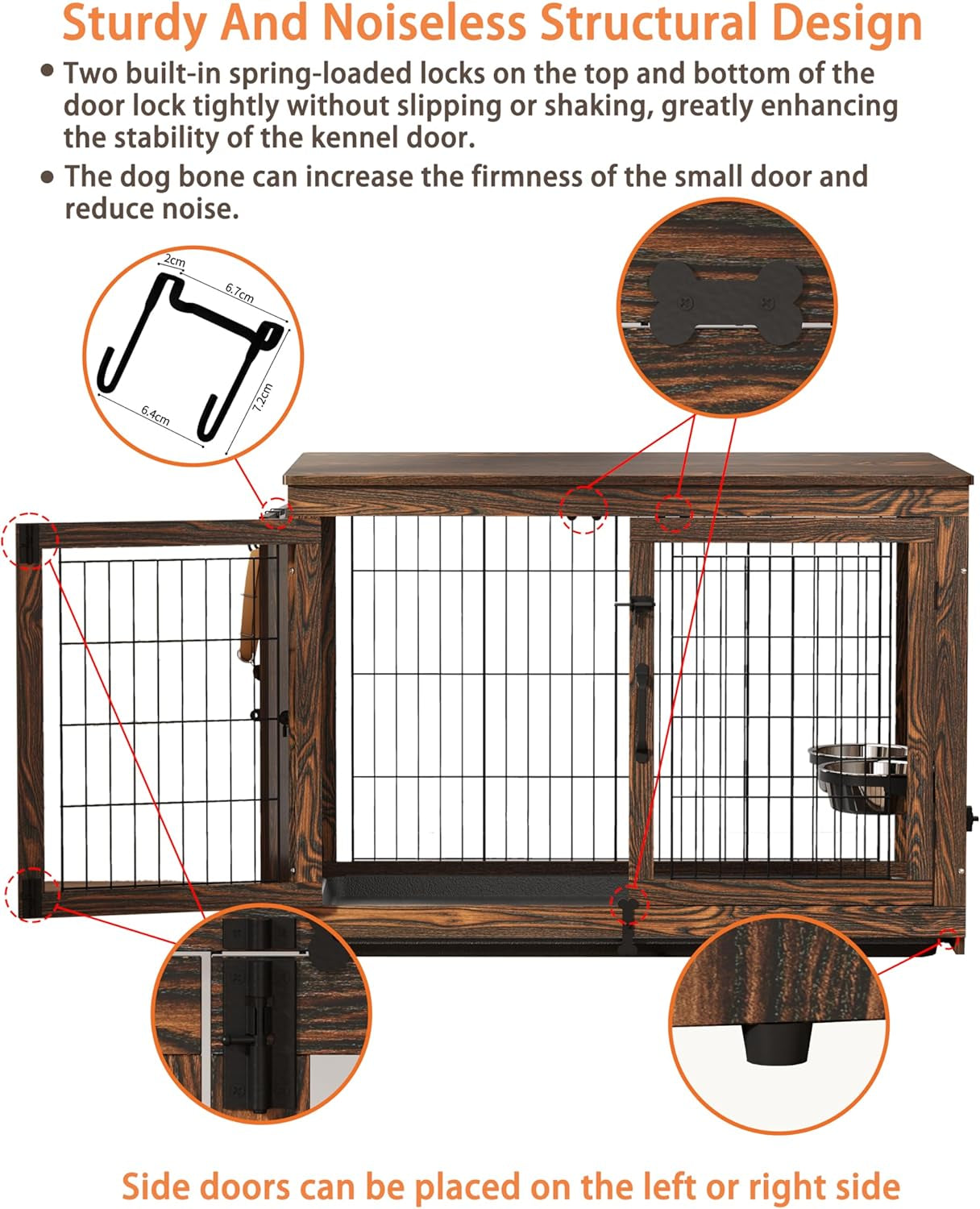 Wooden Dog Crate Furniture with 360°Rotatable Removable Dog Bowls, Dog Crate End Table with Tray, Double Doors Dog Kennels for Dogs(M:31.8" L*22.1" W*24.1" H, Rustic Style)