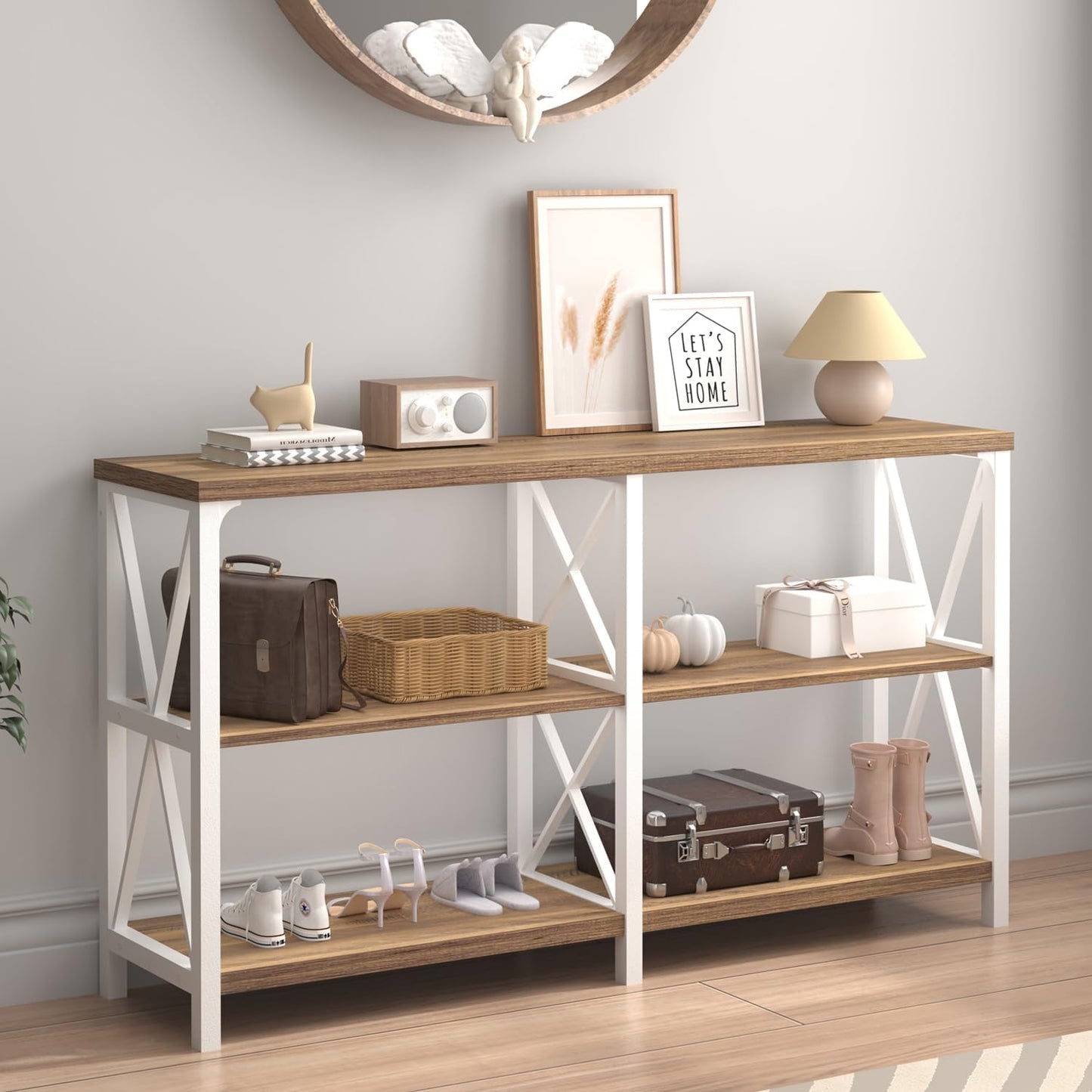 Farmhouse Entryway Table, Wood TV Console Table, Rustic Metal Sofa Table, Industrial Hallway Tables with Storage Shelves, Modern Foyer Tables for Front Entry Way, White and Rustic Oak, 47 Inch