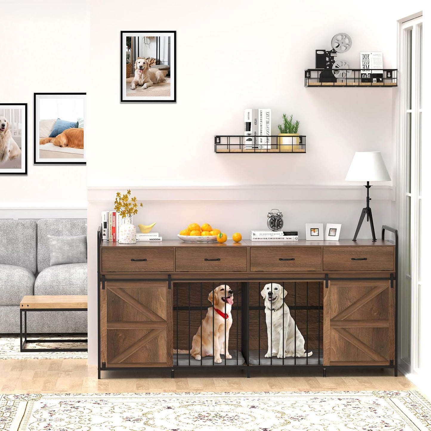 78.7 Inch Large Dog Crate Furniture for 2 Dogs Extra Large Dog Kennel Heavy Duty Wood Dog Crate Double Dog Crates Furniture TV Stand (Gray)