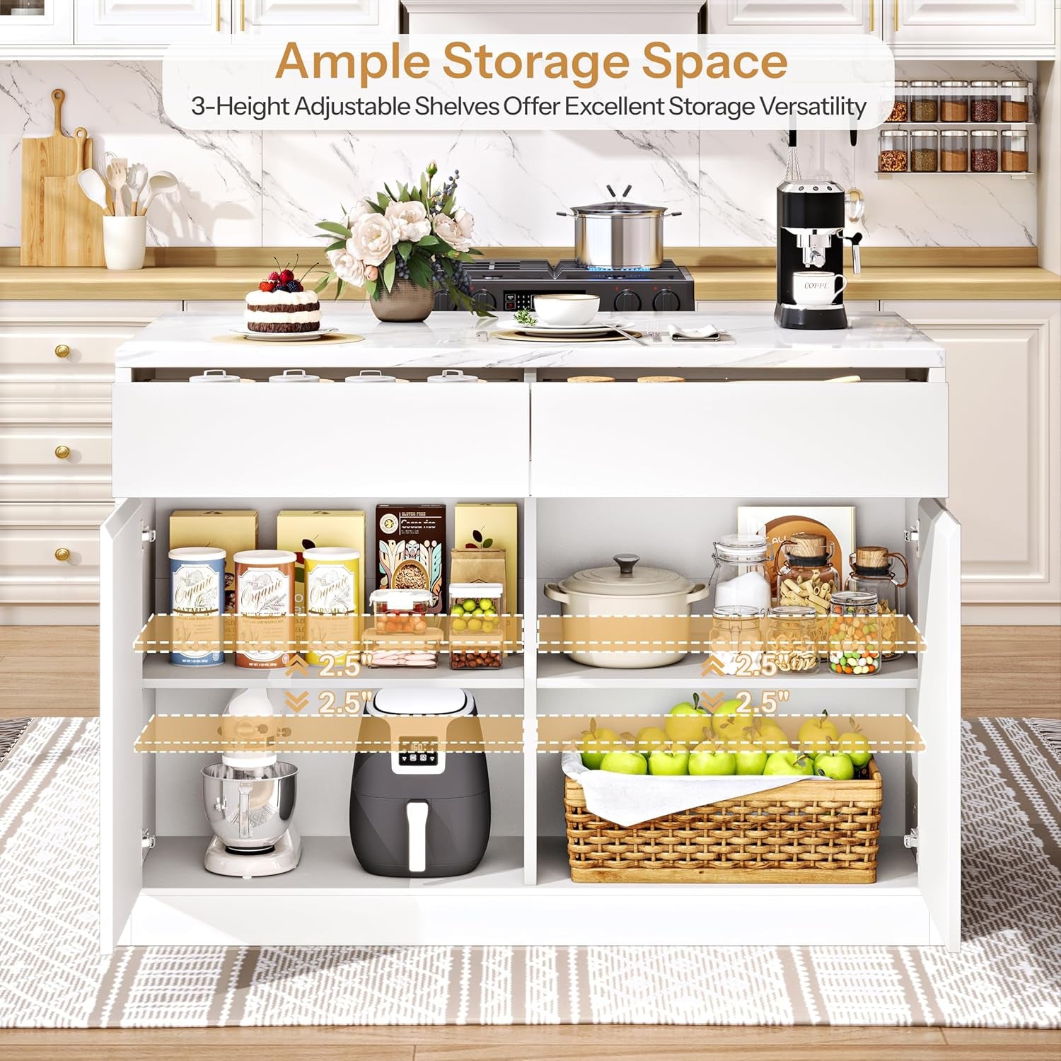 Kitchen Island with Storage, 47.2" Large Faux Marble Countertop Kitchen Island with 2 Drawers and Adjustable Shelves, Coffee Bar Station, Beveled Edge Door Cabinet, Dining Table for 2-4 People, White