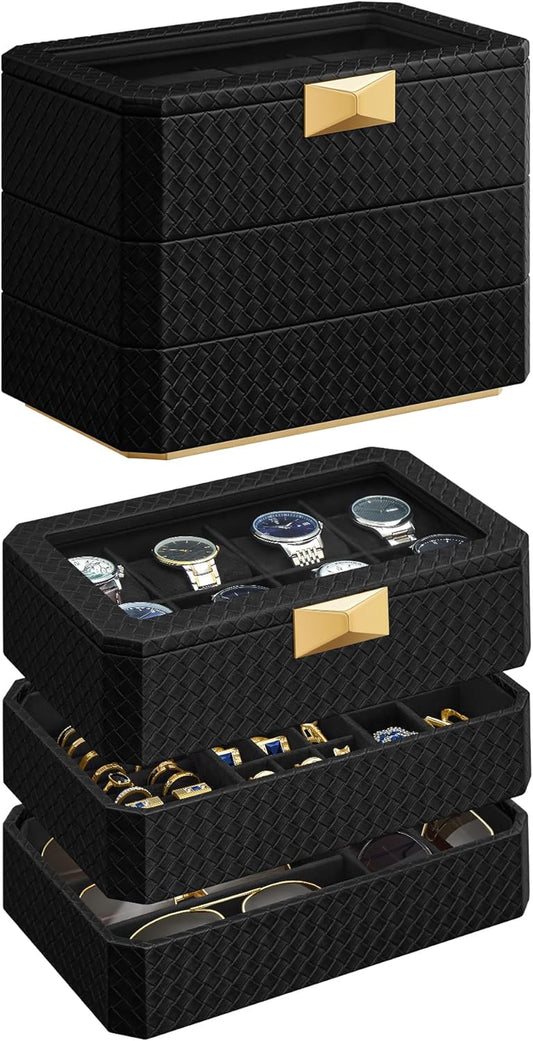 HOME RONNE Collection - 3-Tier Watch Box, Stackable 8-Slot Watch Case, Woven Embossed PU Leather, Floating Effect, Gift Idea, Ink Black Surface, Ink Black Lining UJWB021B01