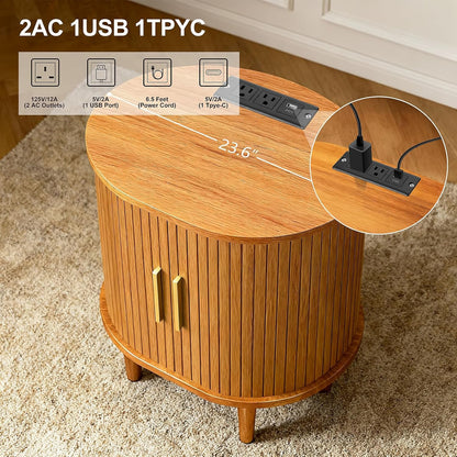 Mid Century Modern Nightstand with Charging Station, Fluted Accent Side Table with Sliding Door & Adjustable Shelf, End Table for Small Space, Living Room, Bedroom,Sofa Couch(1, Yellow)