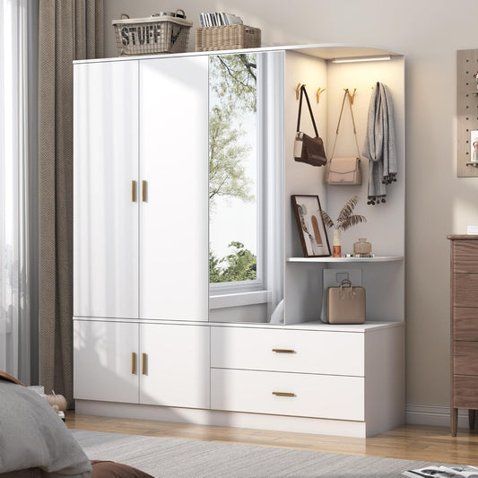 Armoire Wardrobe Closet with Mirror & Sensor Light, Bedroom Armoire with 5 Doors & 2 Drawers, Modern Wooden Large Wardrobe Closet with Shelves, 4 Hooks, 2 Hanging Roods, Open Space, White