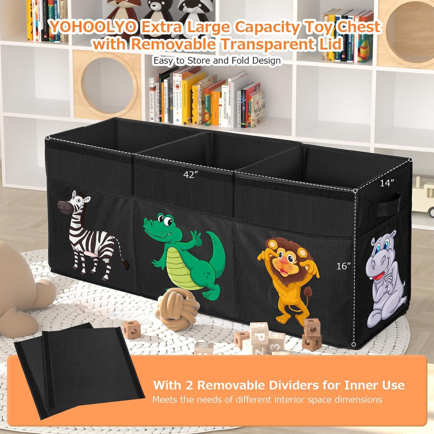 Extra Large Toy Box, Collapsible Sturdy Toy Storage Organizer with Lids, Dinosaur Storage Box for Boys Girls, 42"X16"X14" Kids Bin Chest Baskets for Living Room, Playroom, Bedroom, Nursery, Black