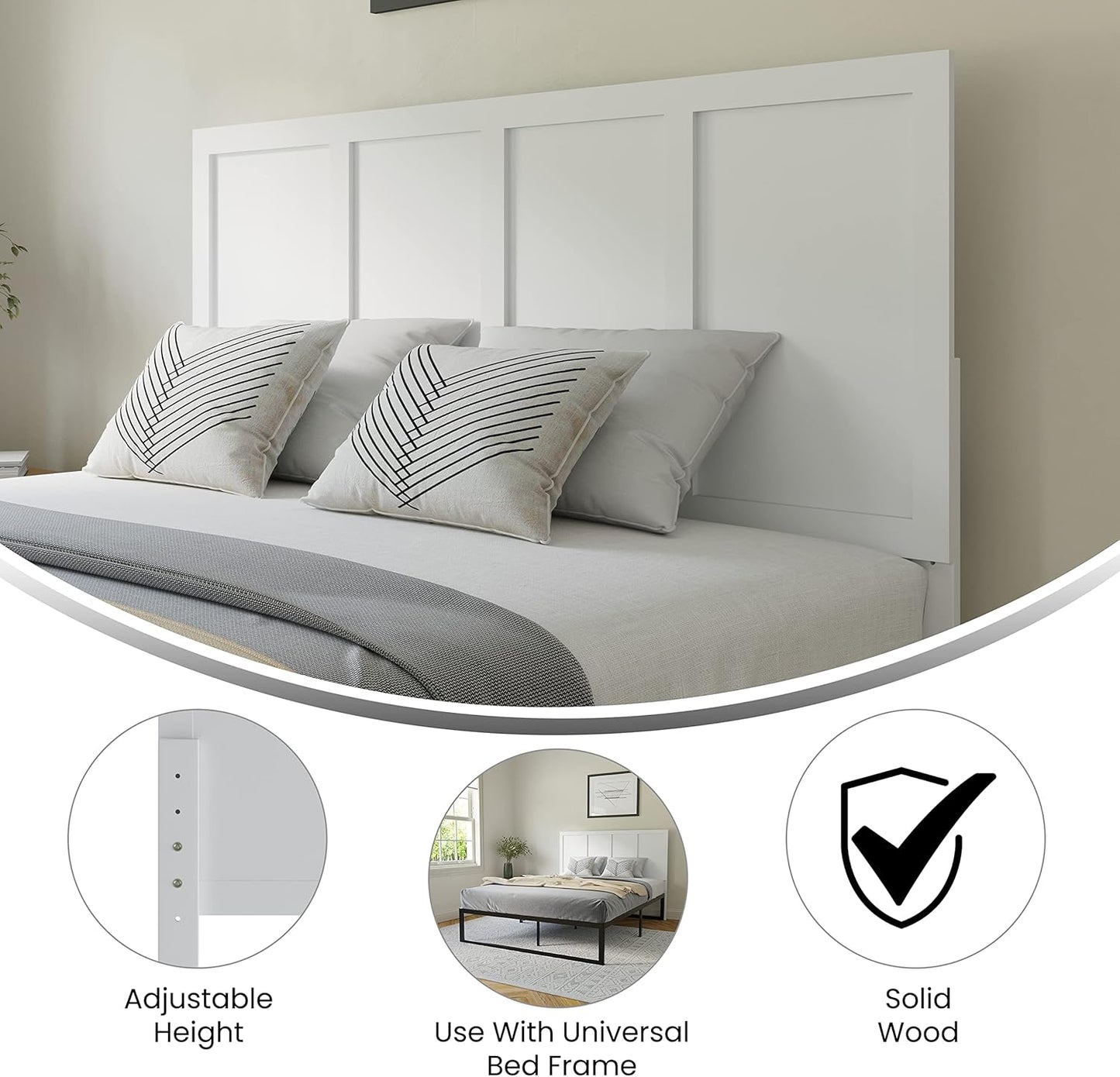 Omar Queen Size Wooden Headboard Only, Four Panel Headboard in White