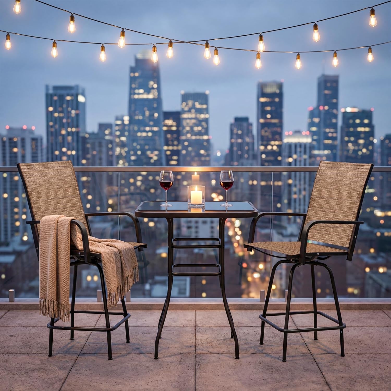 3-Piece Patio Bar Set, High Top Table & 2 Swivel Bar Stools with Textilene Fabric, Outdoor Bistro Furniture for Balcony, Backyard, Poolside (Brown)