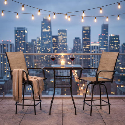 3-Piece Patio Bar Set, High Top Table & 2 Swivel Bar Stools with Textilene Fabric, Outdoor Bistro Furniture for Balcony, Backyard, Poolside (Brown)