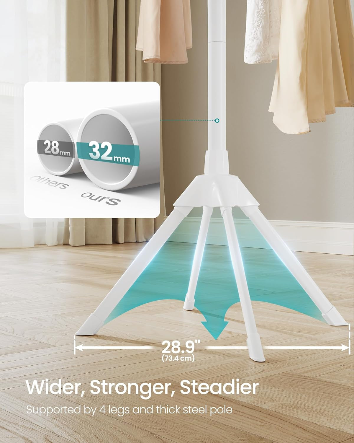 Clothes Drying Rack 2-Tier, with Bamboo Hanging Rods, Foldable Metal Laundry Rack, Space-Saving, Free-Standing Airer, Indoor Use, White and Natural ULLR517W01