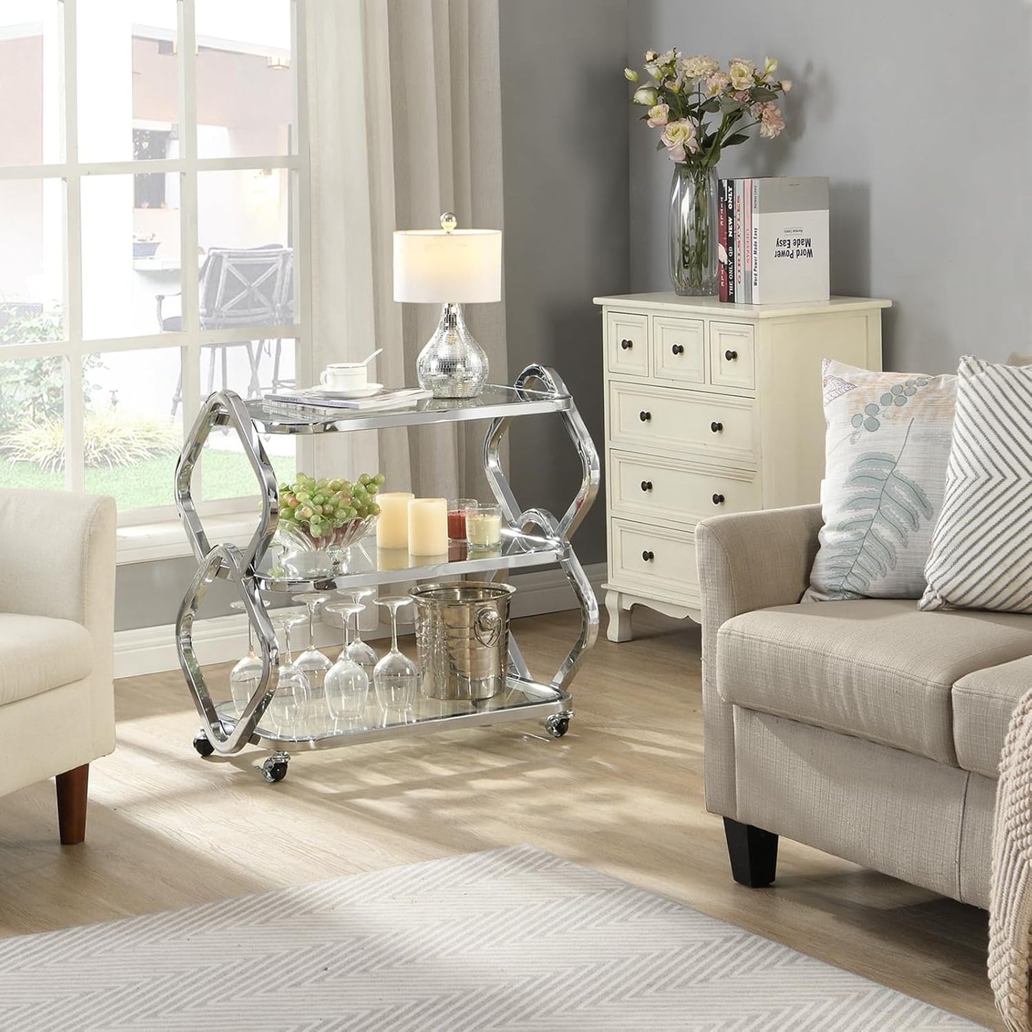 Silver Bar Cart with Wheels Glass Bar Cart for Home Metal Console Table Serving Cart with Storage for Club Spa Cafe Entryway Kitchen Living Room Hallway Sofa