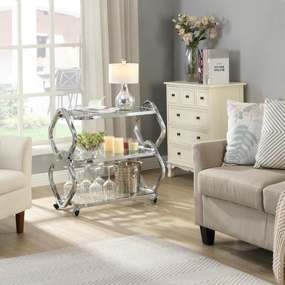 Silver Bar Cart with Wheels Glass Bar Cart for Home Metal Console Table Serving Cart with Storage for Club Spa Cafe Entryway Kitchen Living Room Hallway Sofa