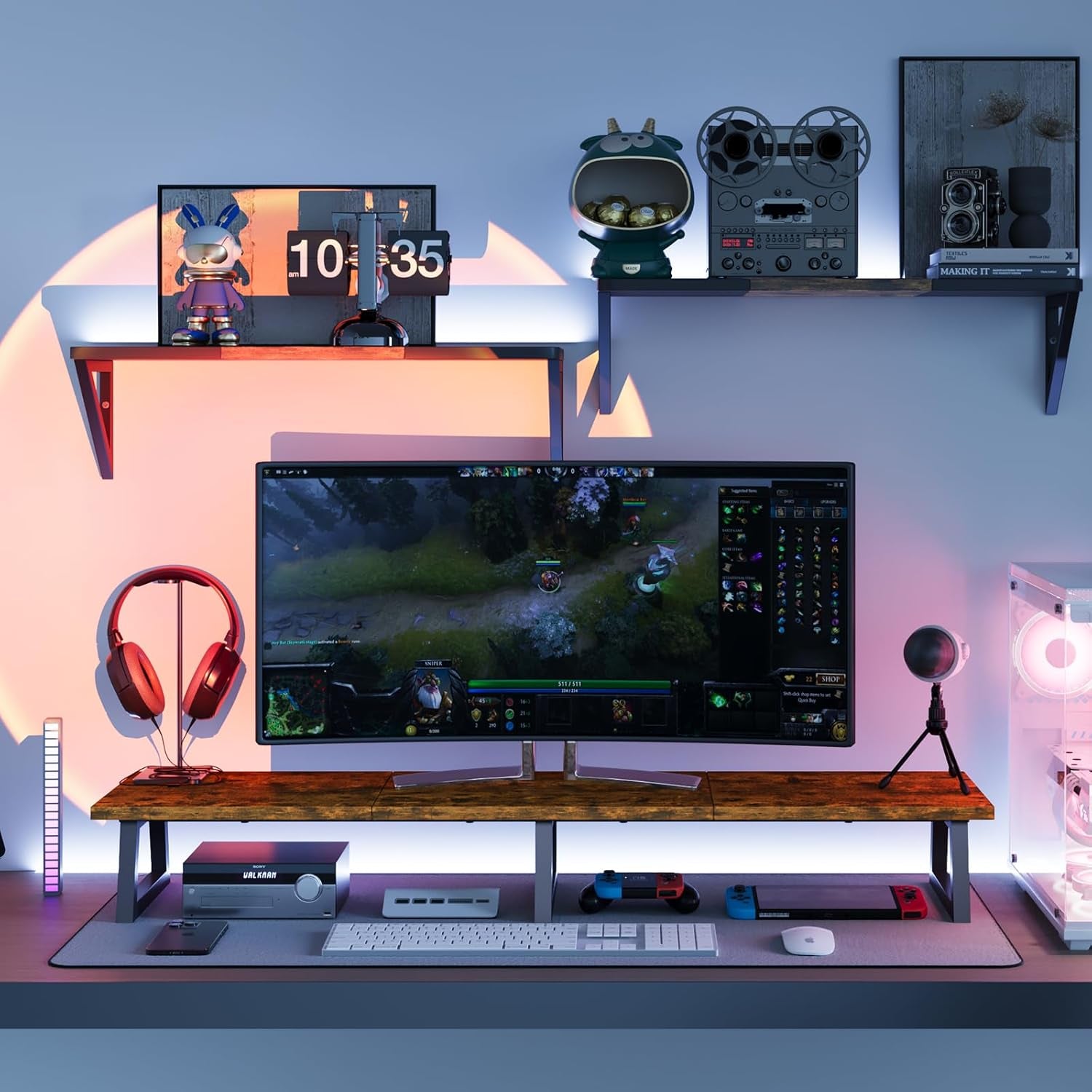 42 Inch Large [Dual] [Monitor] [Riser],Rustic Brown Extra Long TV [Stand Wood & Steel Desktop [Riser] with Storage for [Dual] Screen Office Desk Organization