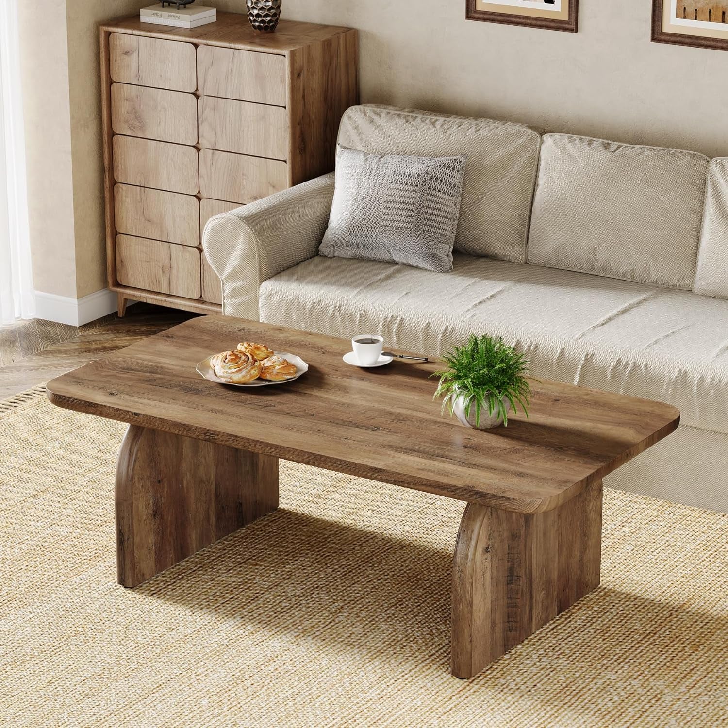 Rectangle Coffee Table, 47-Inch Wood Rectangular Living Room Table, Farmhouse Accent Center Low Cocktail Tea Table with Sturdy Base & Rounded Corners, Easy Assembly (Rustic Brown)