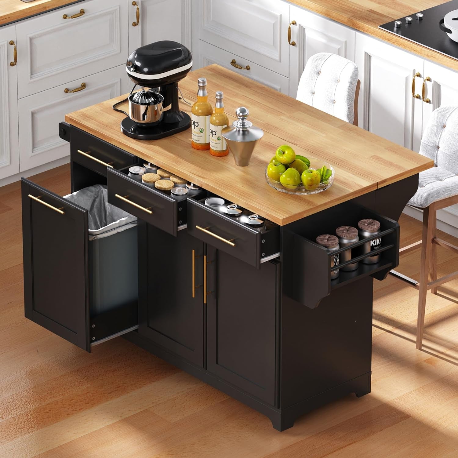 Rolling Kitchen Island with Drop Leaf & 2 Pull Out Cabinet Organizers,59.3" Stationary Kitchen Cart with Trash Can Storage,Power Outlet,Spice & Towel Rack,3 Drawers Island Table for Kitchen,Black