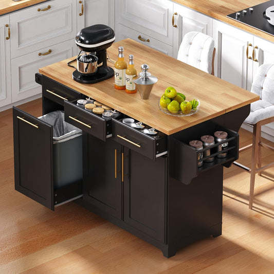 Rolling Kitchen Island with Drop Leaf & 2 Pull Out Cabinet Organizers,59.3" Stationary Kitchen Cart with Trash Can Storage,Power Outlet,Spice & Towel Rack,3 Drawers Island Table for Kitchen,Black