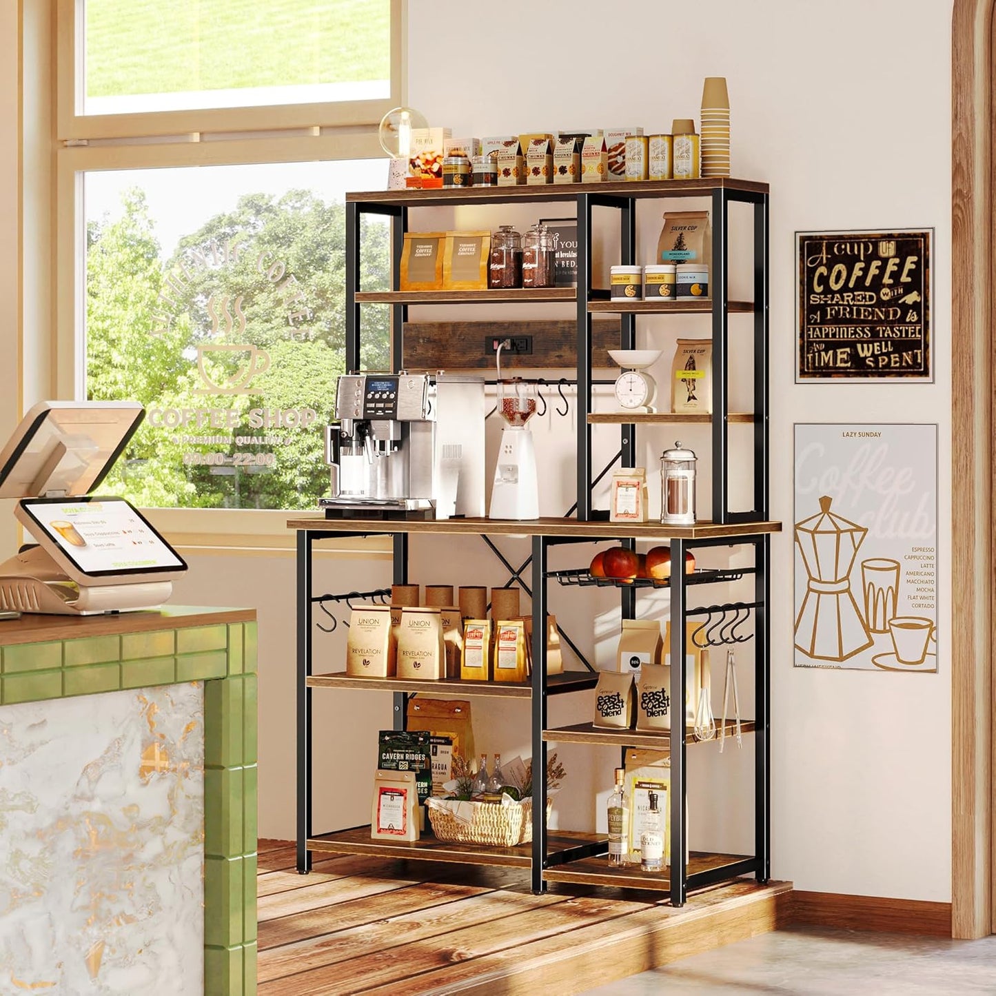 Large Bakers Rack with Power Outlets, 6-Tier Microwave Stand, Coffee Bar with 12 S-Shaped Hooks, Kitchen Shelf with Wire Basket, 39.4 X 14.6 X 66.9 Inches, Rustic Brown