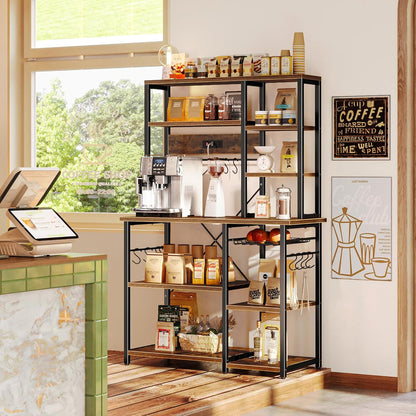 Large Bakers Rack with Power Outlets, 6-Tier Microwave Stand, Coffee Bar with 12 S-Shaped Hooks, Kitchen Shelf with Wire Basket, 39.4 X 14.6 X 66.9 Inches, Rustic Brown