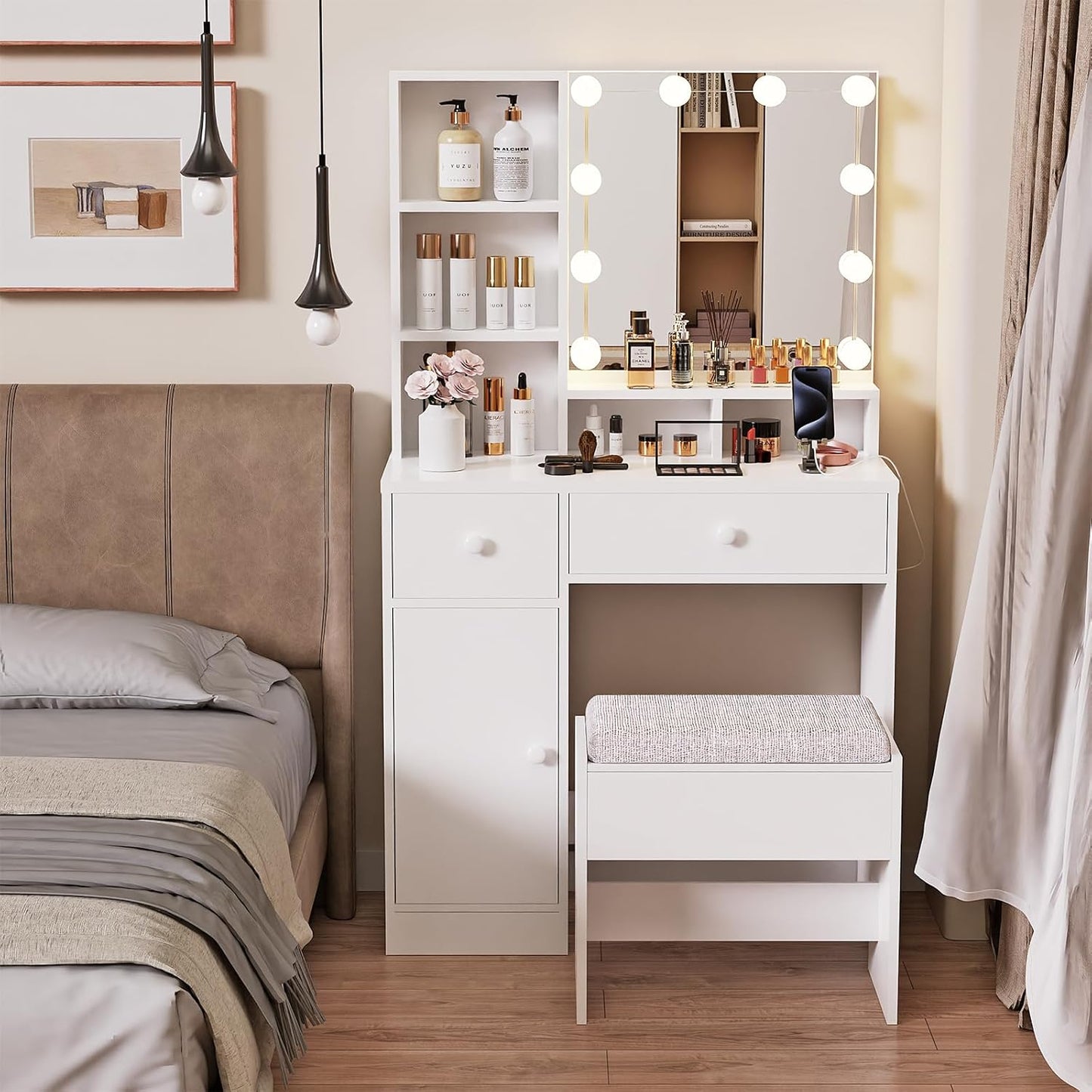 Vanity Desk with Mirror and Lights & Power Outlet, 31.5" Small Makeup Vanity Table with 4 Drawers and Stool for Bedroom, White