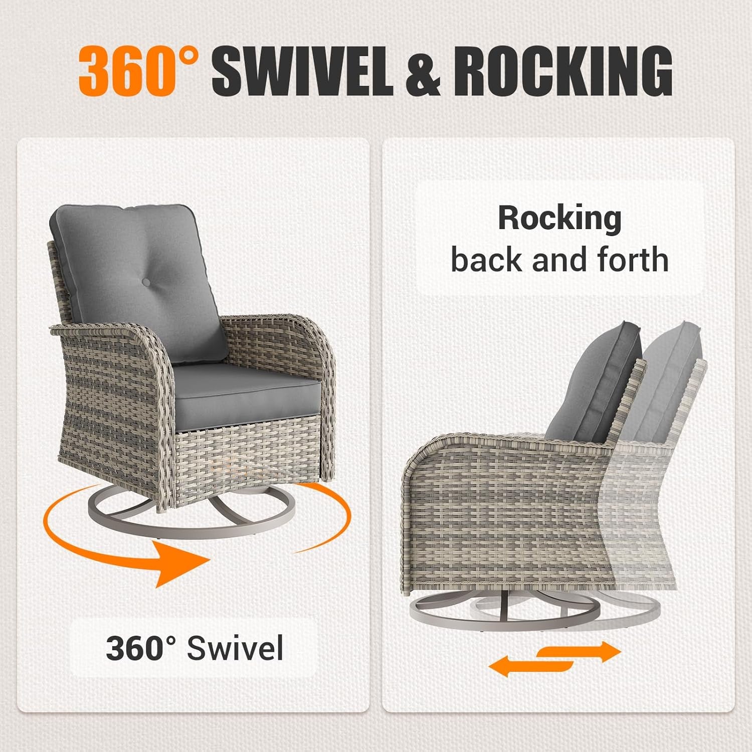10-Piece Outdoor Patio Furniture Set with Rocking Swivel Chair, PE Wicker Rattan Sectional Sofa Patio Conversation Set with 55,000 BTU Fire Pit Table & Coffee Table, Grey