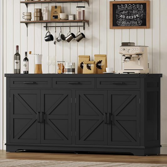 Buffet Cabinet, 63” Large Sideboard Buffet Storage Cabinet with 3 Drawers, Farmhouse Coffee Bar with 4 Doors, for Kitchen, Living Room, Black