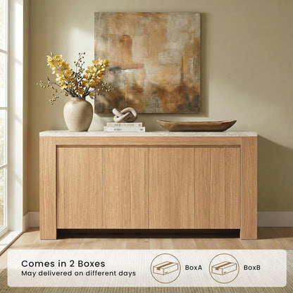 Buffet Cabinet with Storage, 63" Sideboard Buffet Accent Cabinet with Faux Marble Top & 4 Doors, Modern Buffet Table Credenza Cabinets for Living Room, Dining Room, Kitchen（Natural Oak）