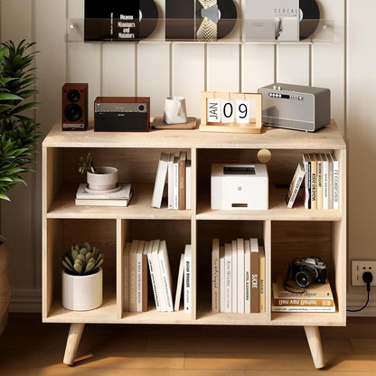 Record Player Stand with Vinyl Storage, 39.5In Large Vinyl Record Holder Player Cabinet Wood Turntable Stand up to 350 Albums with Charging Station for Living Room, Natural
