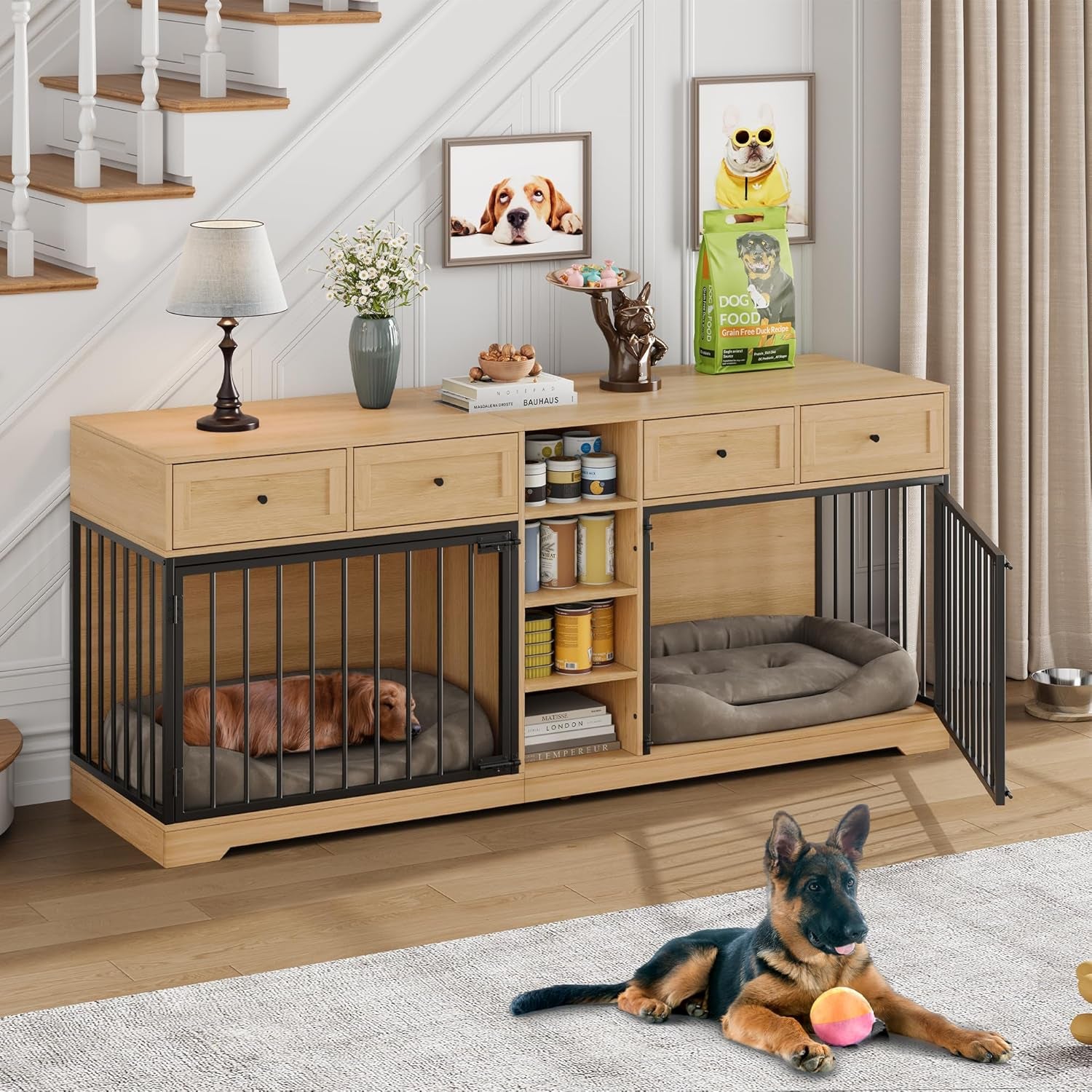 82” Large Dog Crate for 2 Dogs, Dog Kennel Indoor with 4 Drawers and Shelves, Double Dog Crate Furniture TV Stand, Wooden Dog Cage for Medium Large Dogs, Natural