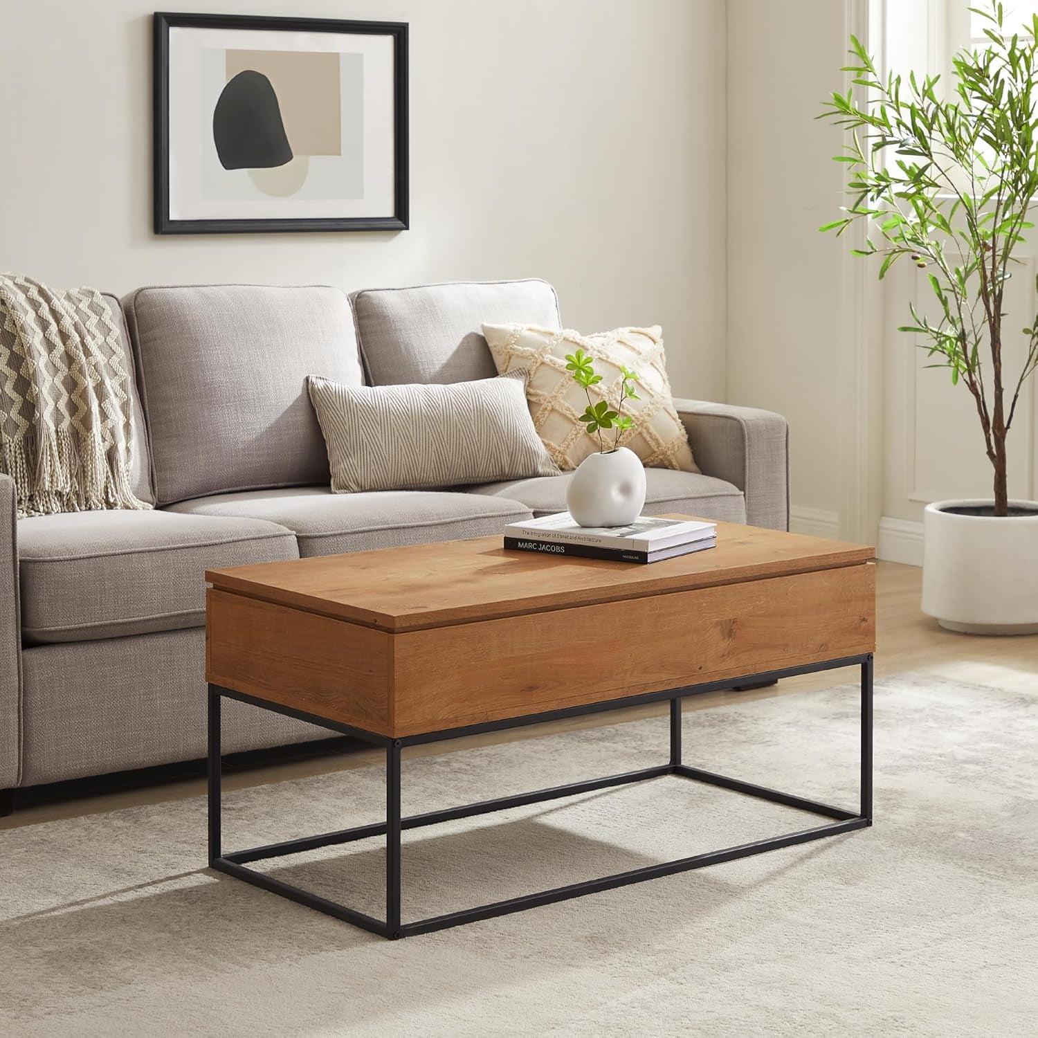 Akron Modern Open Box Lift-Top Storage Coffee Table, 40 Inch, English Oak