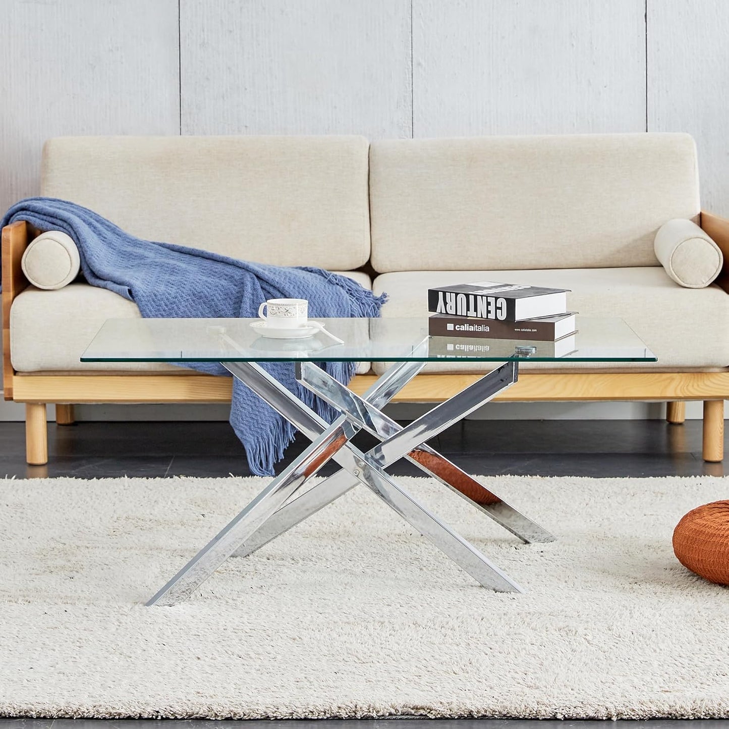 Living Room Set - Glass Coffee Table and 2 End Tables with Modern Design Set of 3 (Small Coffee Table + End Table X2, Silver)