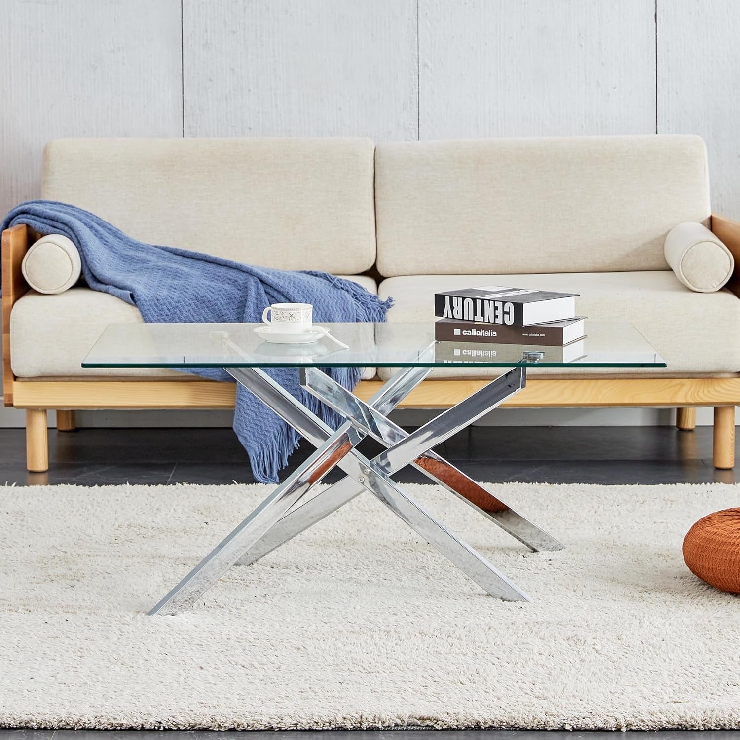 Living Room Set - Glass Coffee Table and 2 End Tables with Modern Design Set of 3 (Small Coffee Table + End Table X2, Silver)