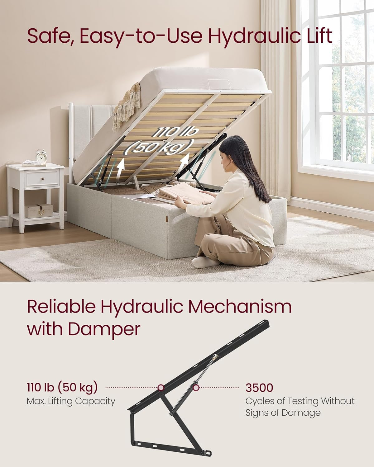 Lift up Storage Bed Frame Twin Size, Hydraulic Platform Bed, with Upholstered Headboard, 550 Lb Weight Capacity, No Box Spring Needed, Easy Assembly, Modern, Cappuccino Beige URMB603W01