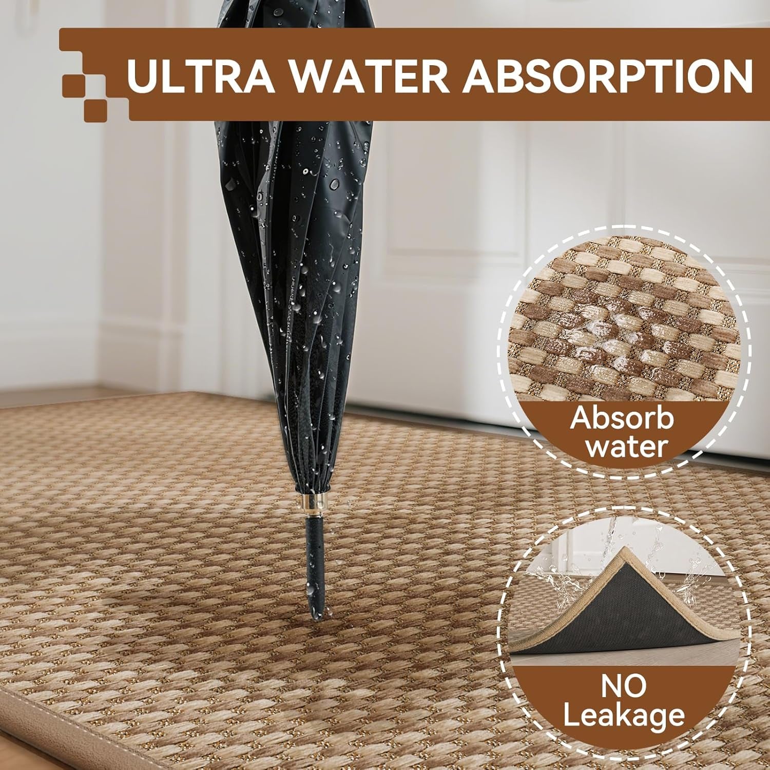 Front Door Mat 17''X30'', Absorbent Muddy Dirt Resist Washable Non Slip Low-Profile Indoor Doormat, Entryway Welcome Door Mats, Brown