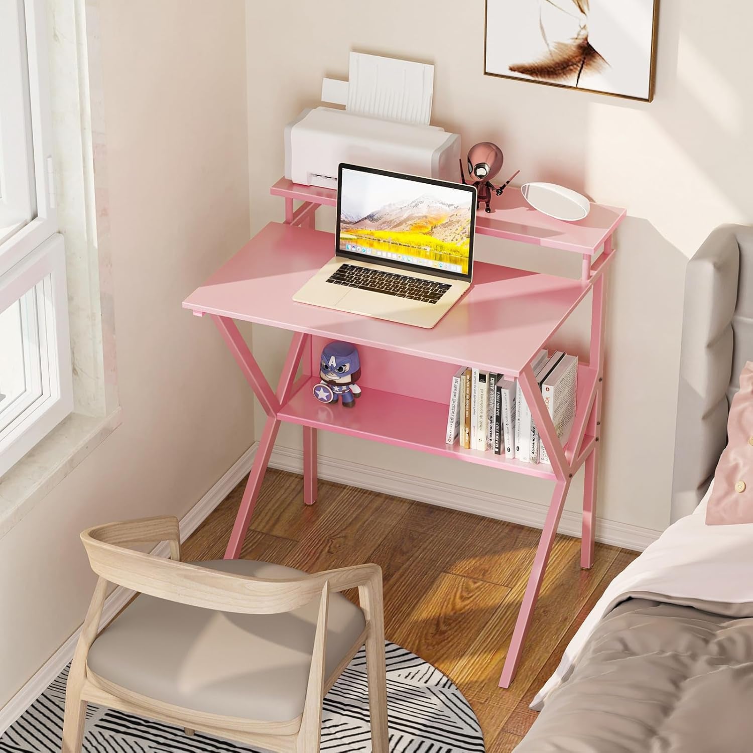Small Desk, 27.5 Inch Computer Desk for Small Spaces, Study Desk with Storage & Monitor Stand, Pink