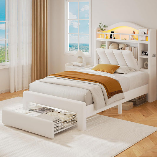 Twin Size Bed Frame with LED Storage Headboard & Drawers, Velvet Upholstered Bed with Vertical Tufted Headboard Design, USB & Type-C Charging Ports, Wooden Slats Support, Noise-Free, Beige