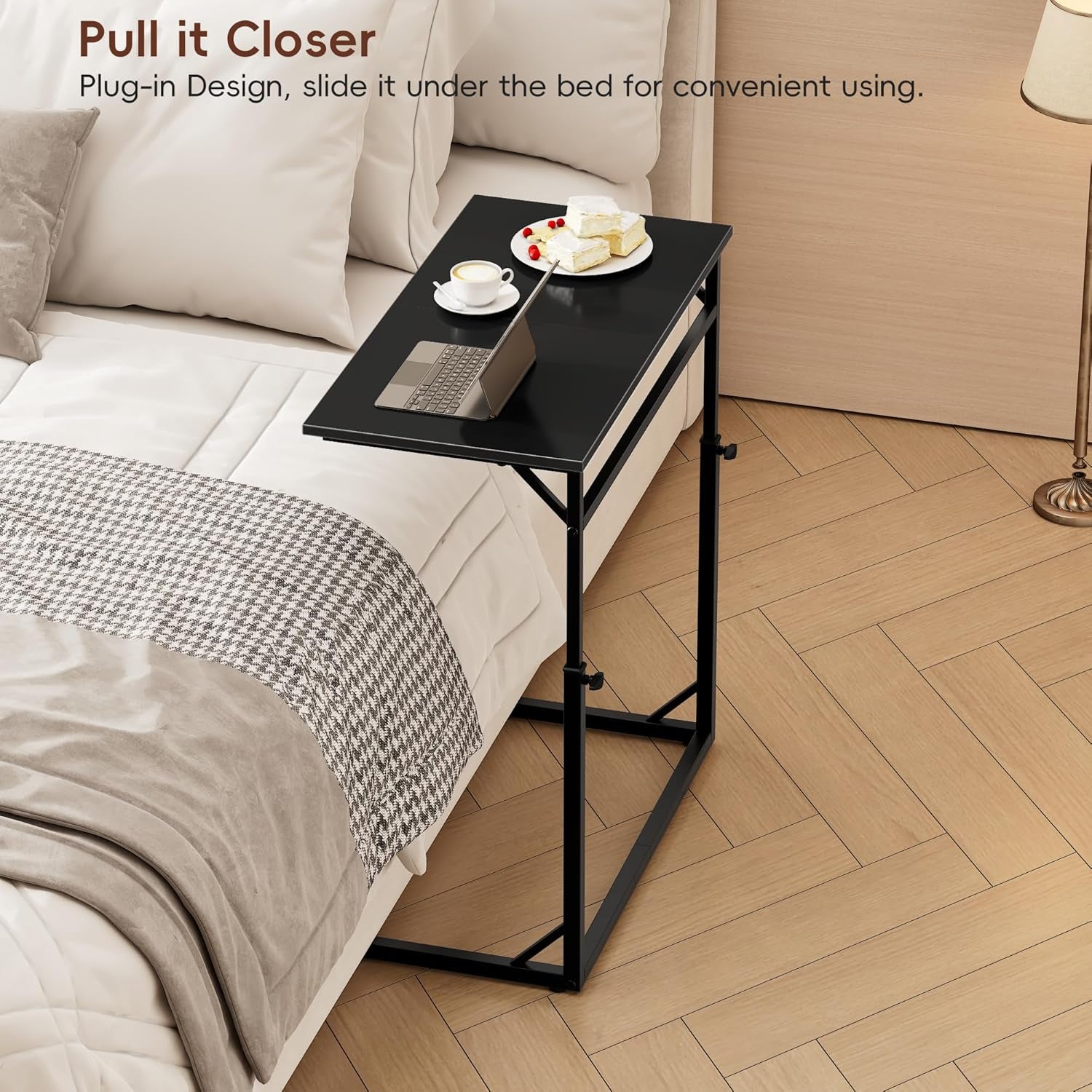 C Shaped End Table, 33"Tall Side Table for Couch, C-Table Sofa Table Adjustable Height Side Table, Large Surface Slide under Couch Table, Coffee Table TV Tray for Living Room, Bedroom, Black