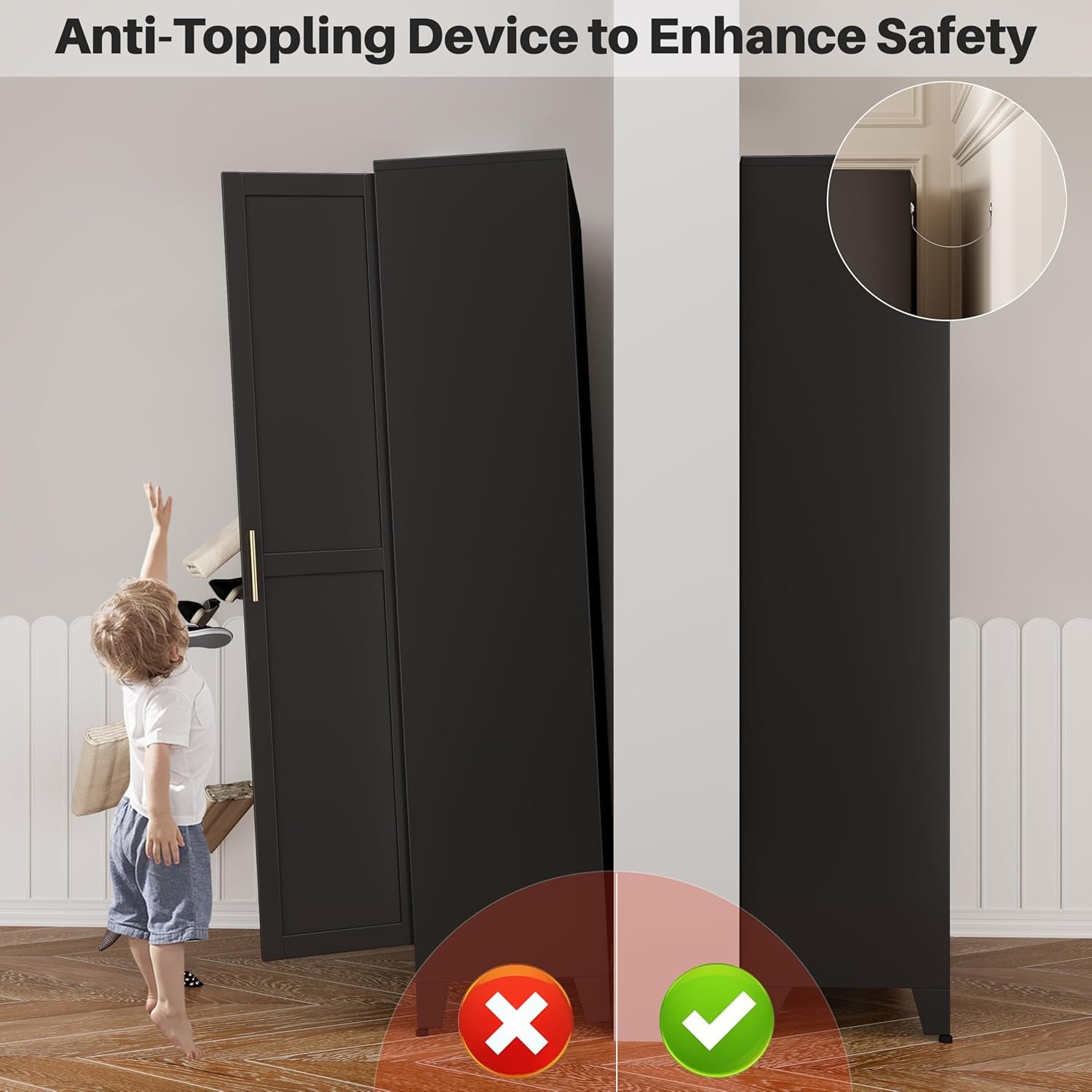 Metal Armoire Wardrobe Closet with 2 Mirror Doors, 71"' Wardrobe Cabinet with Adjustable Shelves and Hanging Rod, Clothing Storage Cabinet Closet with Mirror for Bedroom-Black