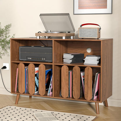 Large Record Player Stand, Vinyl Record Storage Holder, Record Player Table with Power Outlet, Turntable Stand with Wood Legs for Living Room, Office (Walnut)